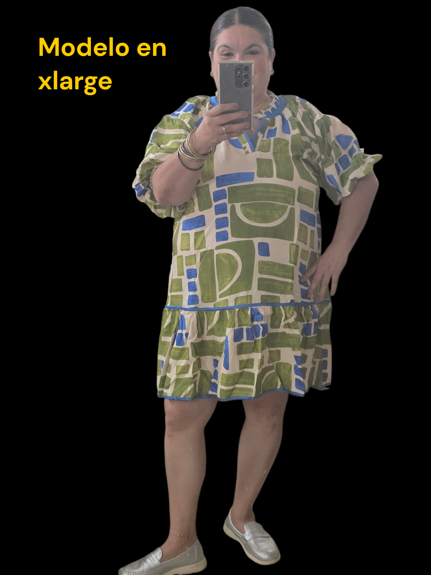 Abstract geo print ruffle hem dress