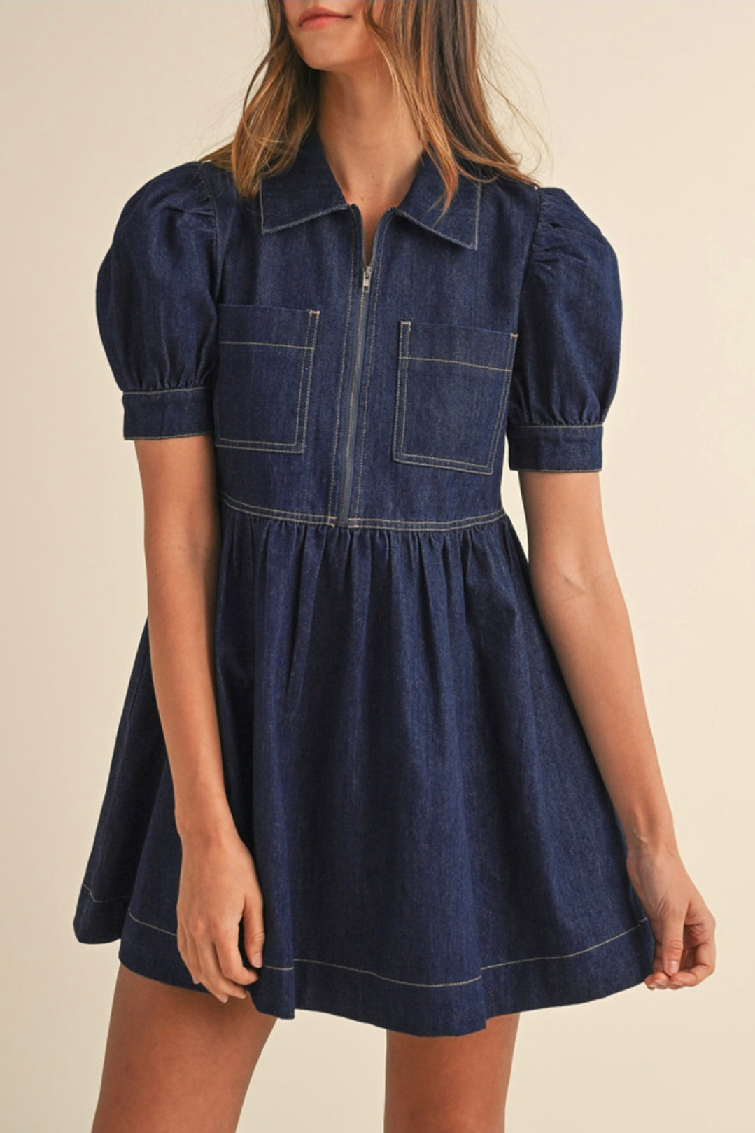 Zipped up short puff sleeve denim dress