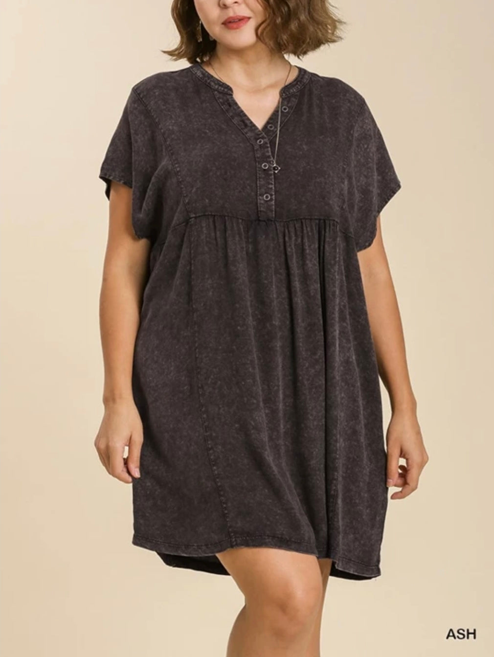 Mineral wash split neck button detail dress with no lining