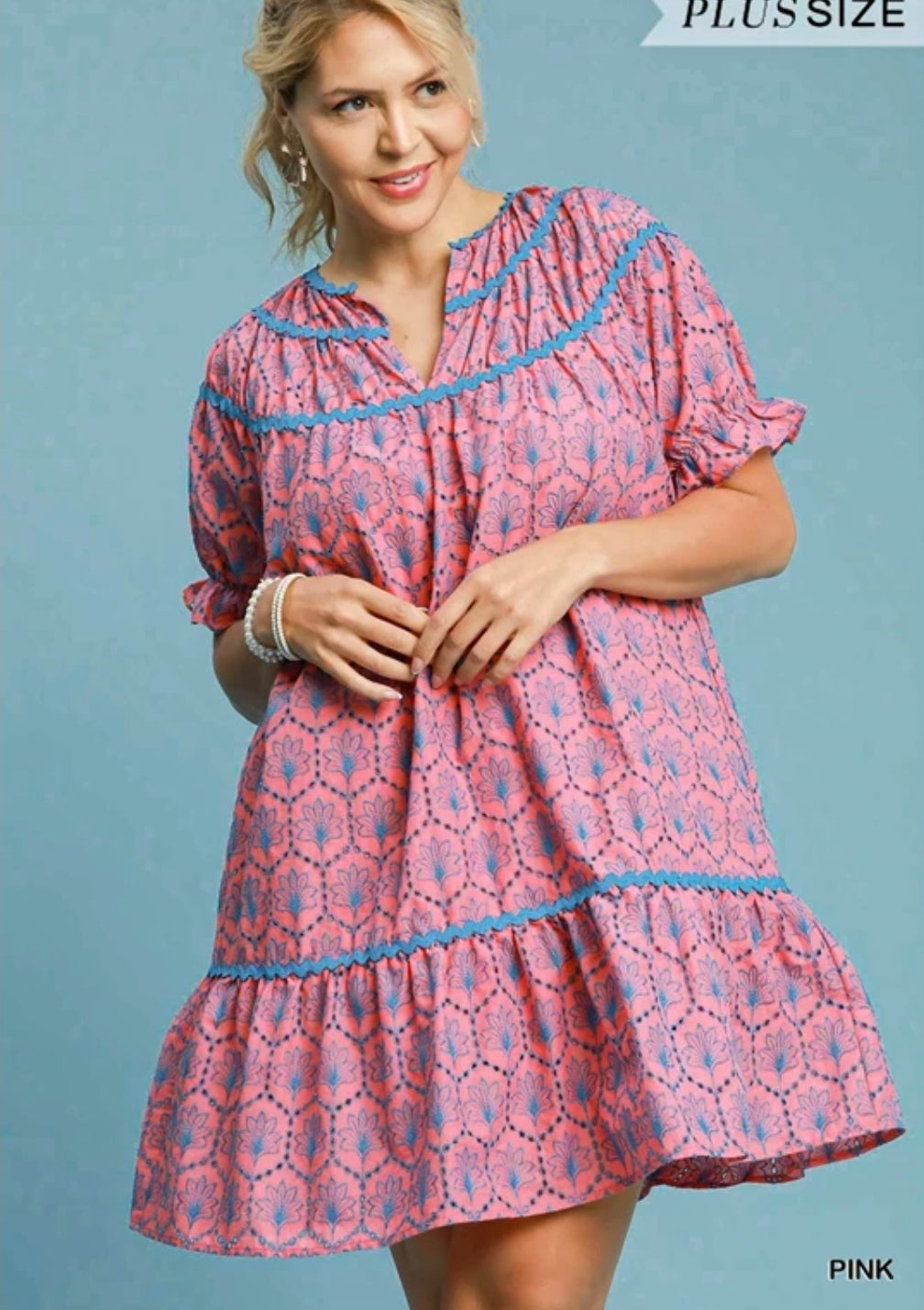 Eyelet mini dress with ric rac trim