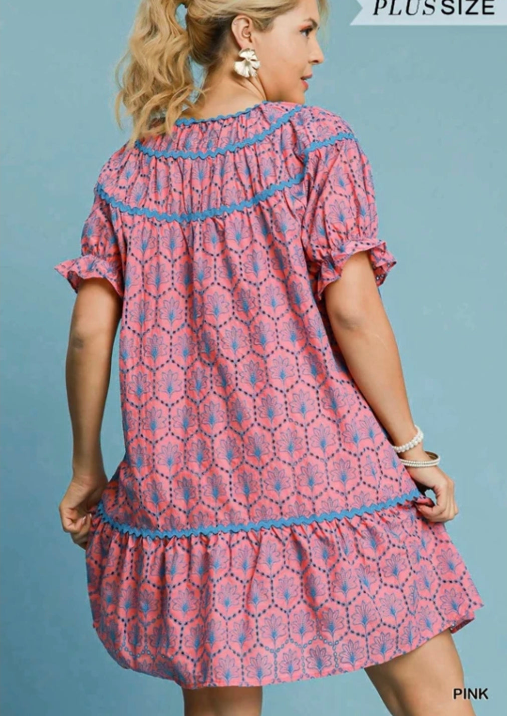 Eyelet mini dress with ric rac trim