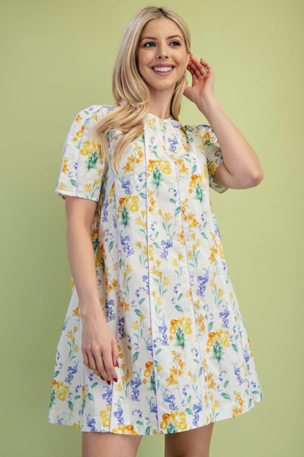 Paneled floral short sleeve mini dress