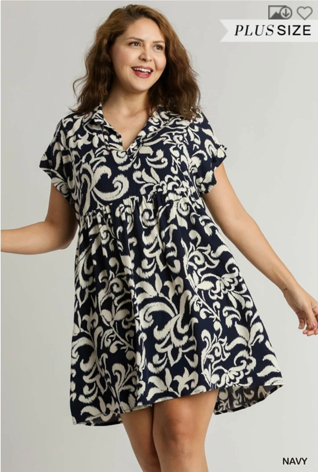 Two tone abstract print collared baby doll dress with side pockets