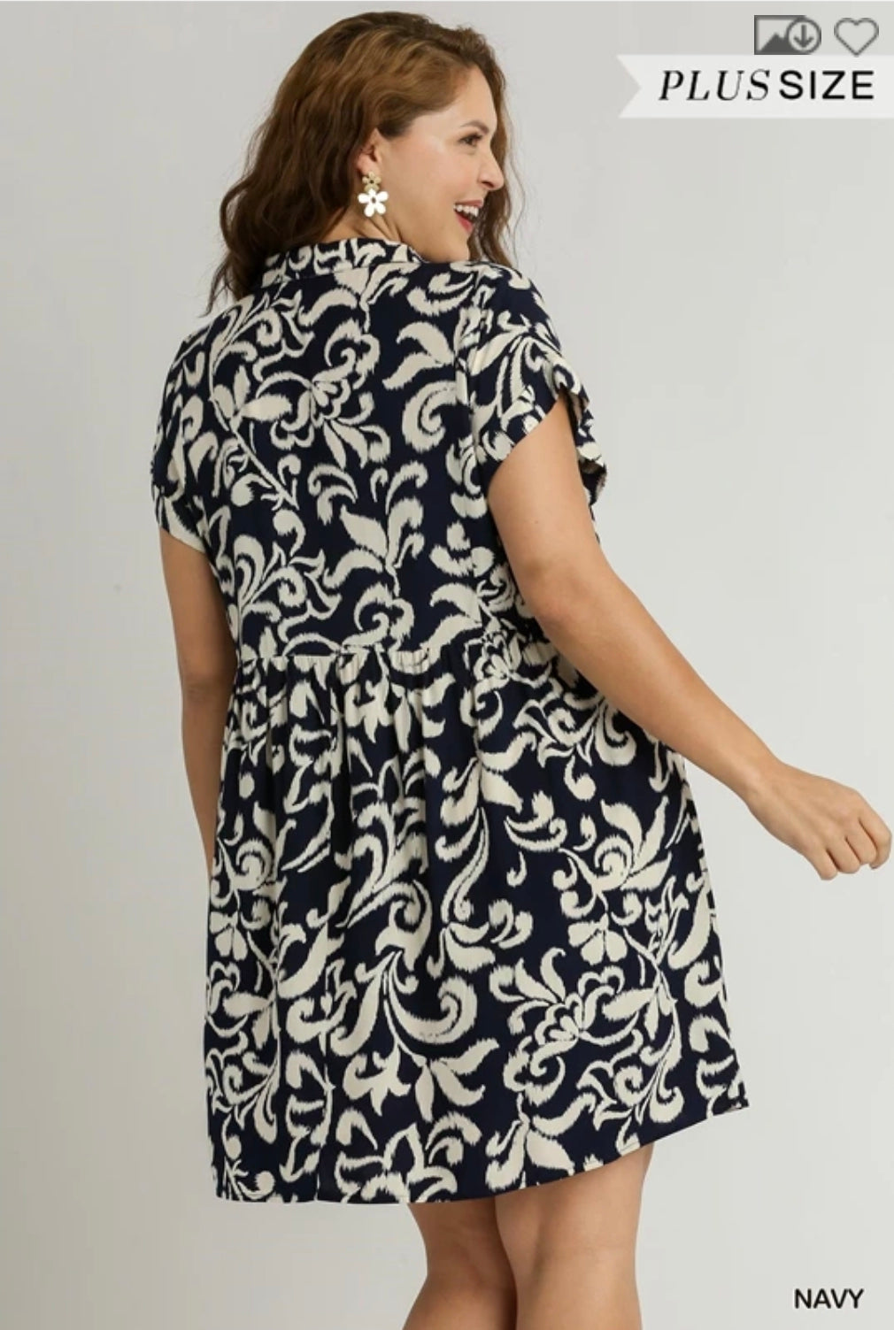 Two tone abstract print collared baby doll dress with side pockets