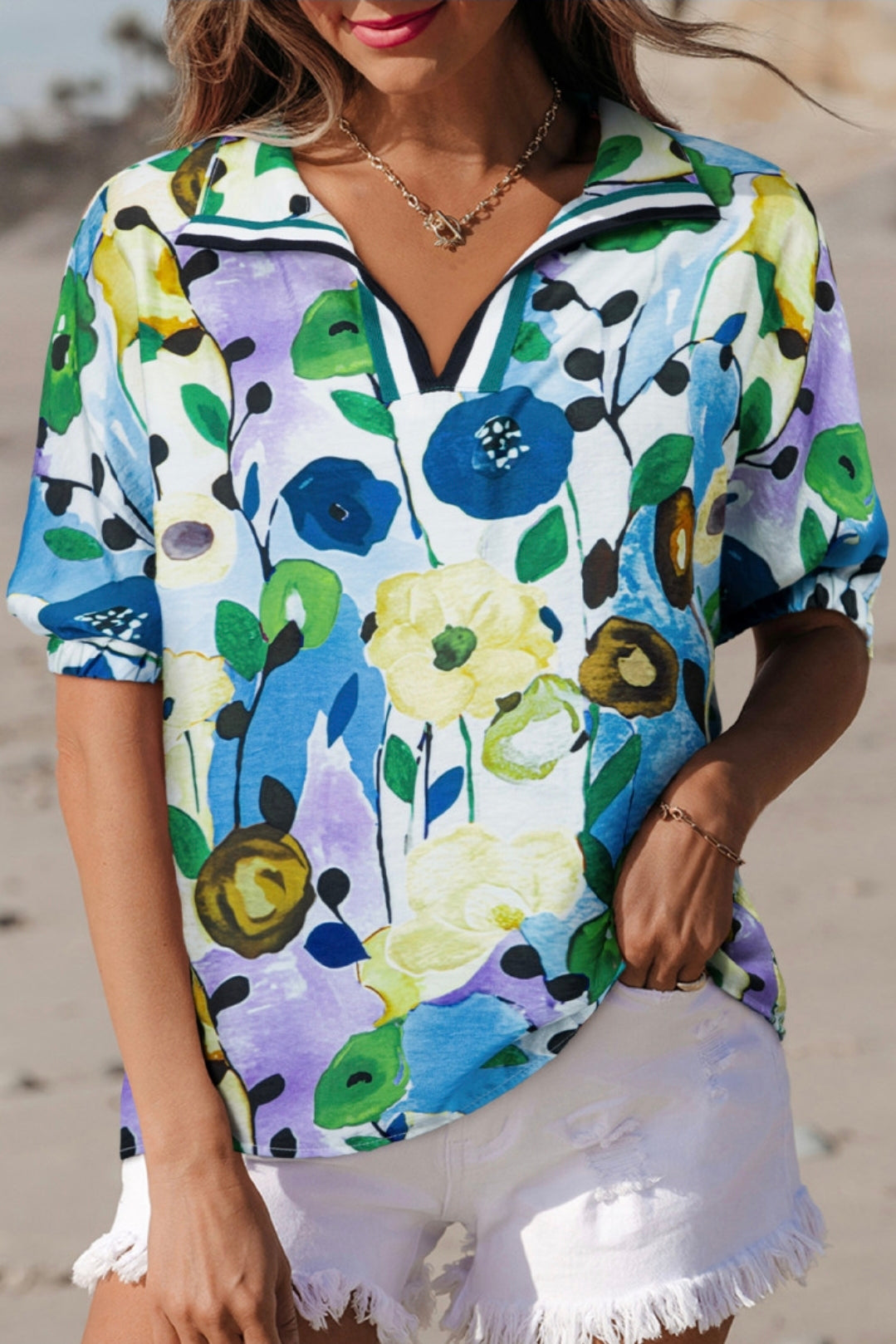 Light blue floral print v neck short sleeve blouse