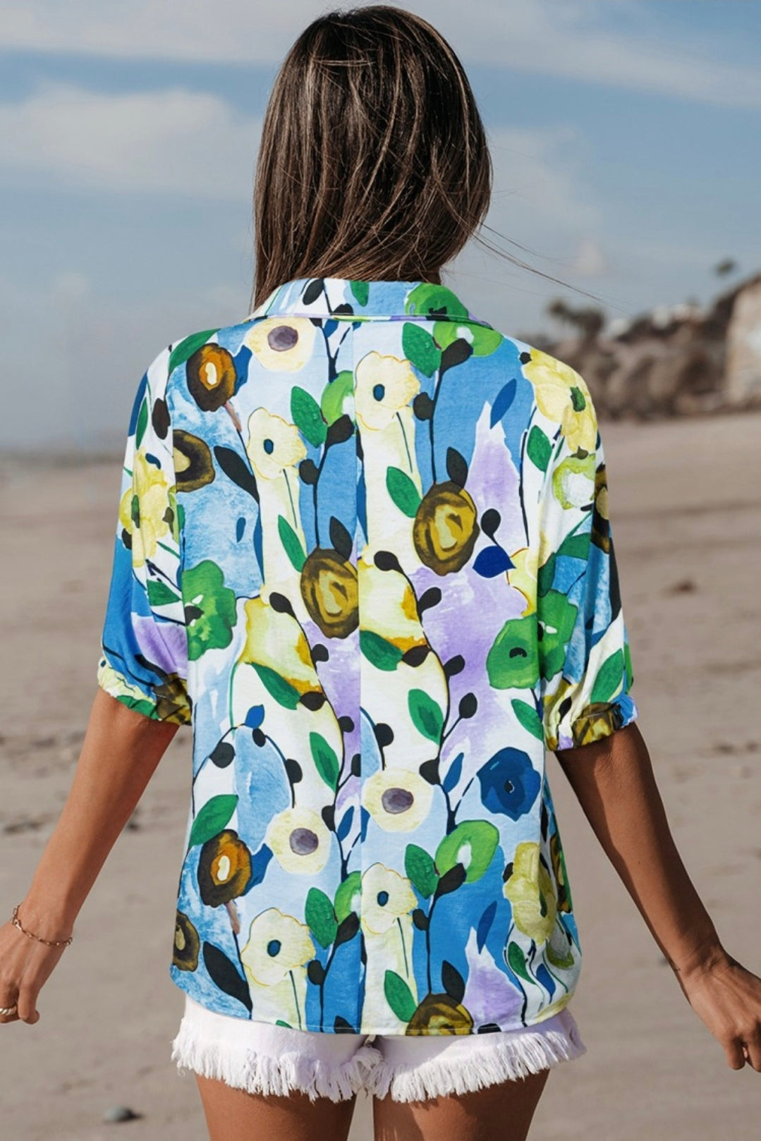 Light blue floral print v neck short sleeve blouse