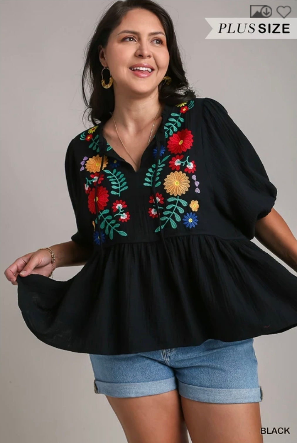 Cotton gauze floral embroidery baby doll top