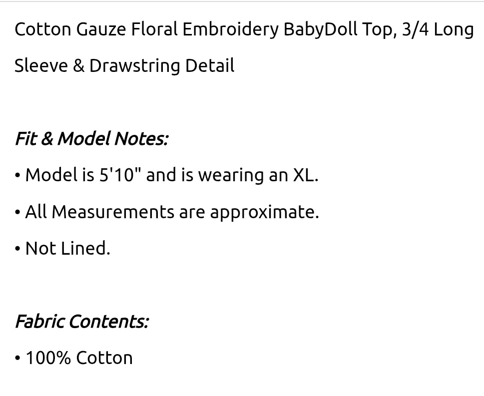 Cotton gauze floral embroidery baby doll top