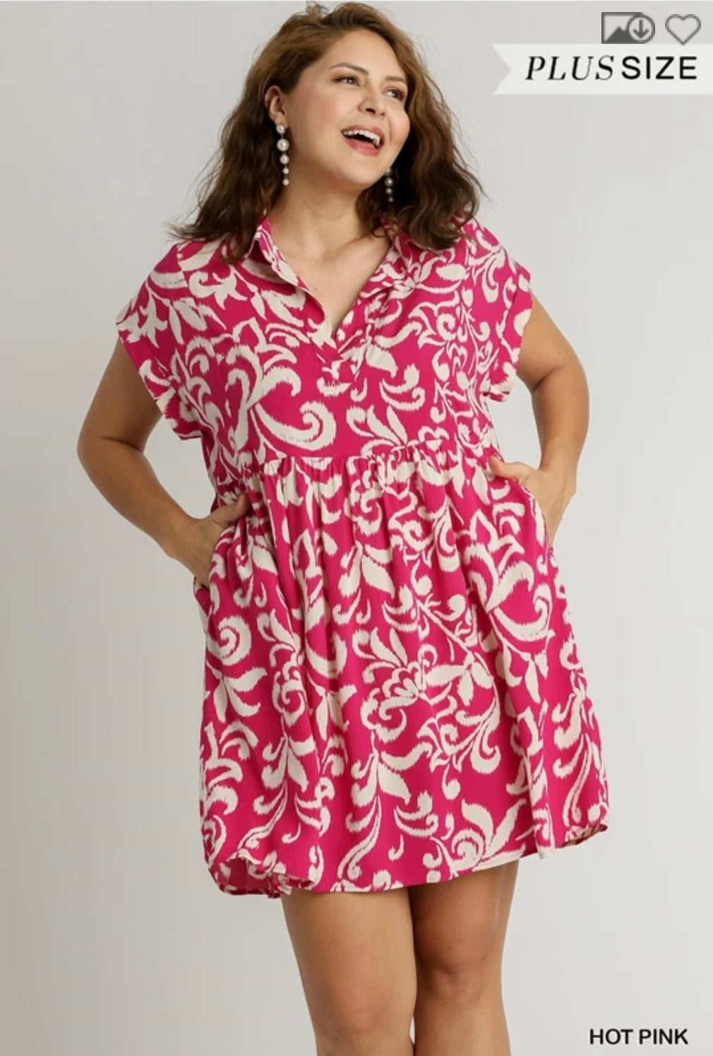 Two tone abstract print collared dress with pockets