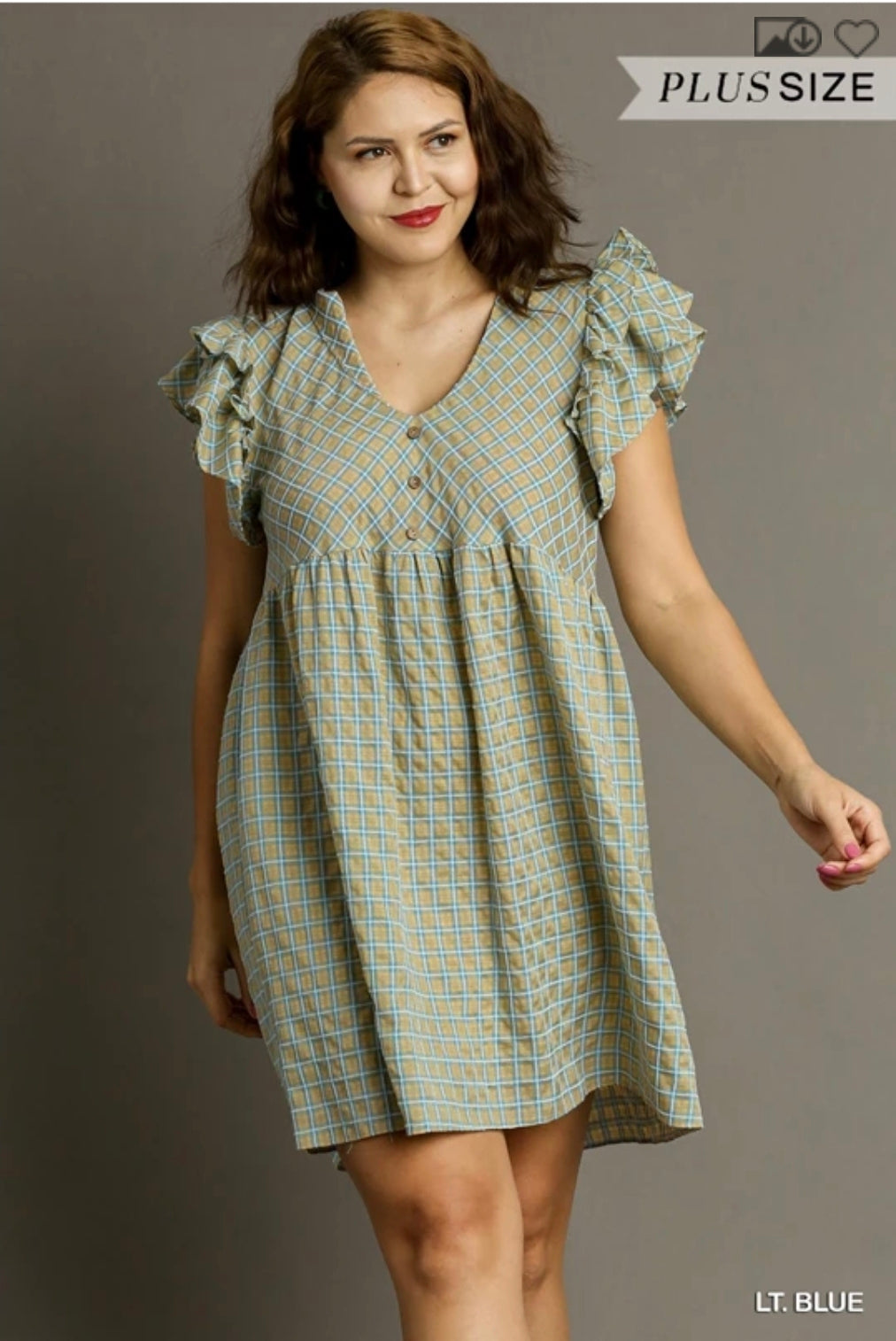 Checkered ruffle sleeve v neck a line dress with pockets