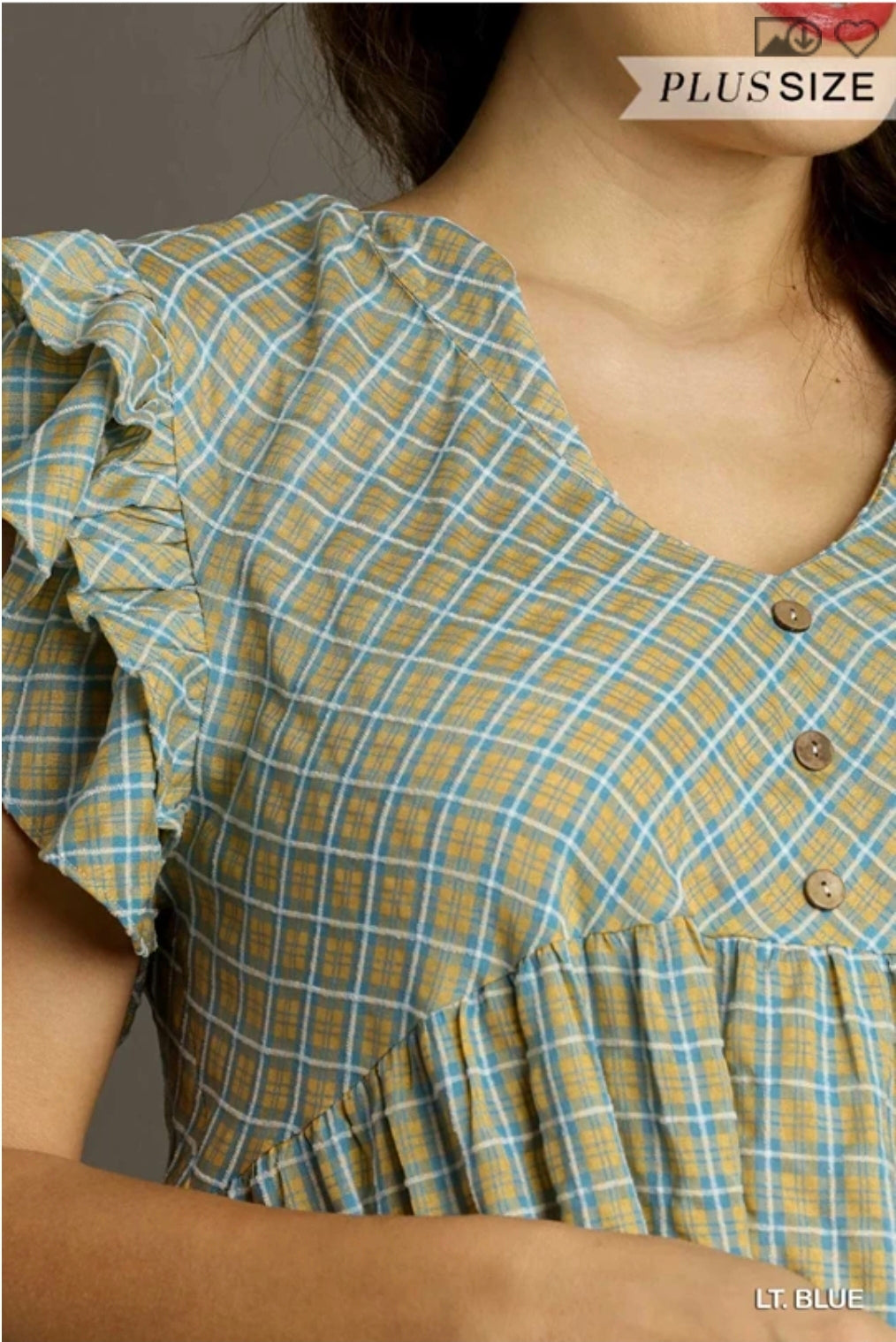 Checkered ruffle sleeve v neck a line dress with pockets