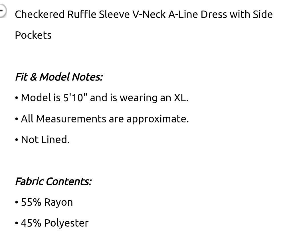 Checkered ruffle sleeve v neck a line dress with pockets