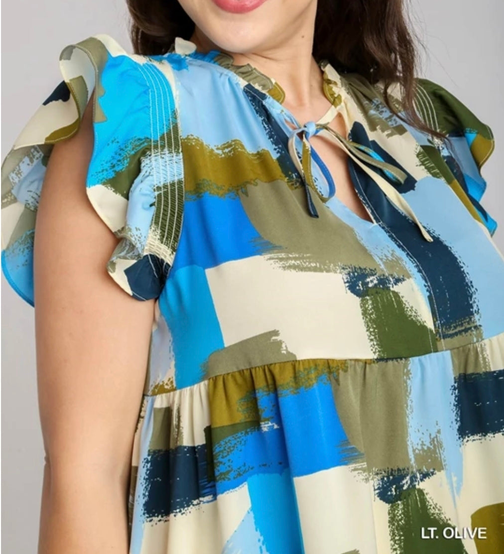 Print smocked flutter sleeve dress