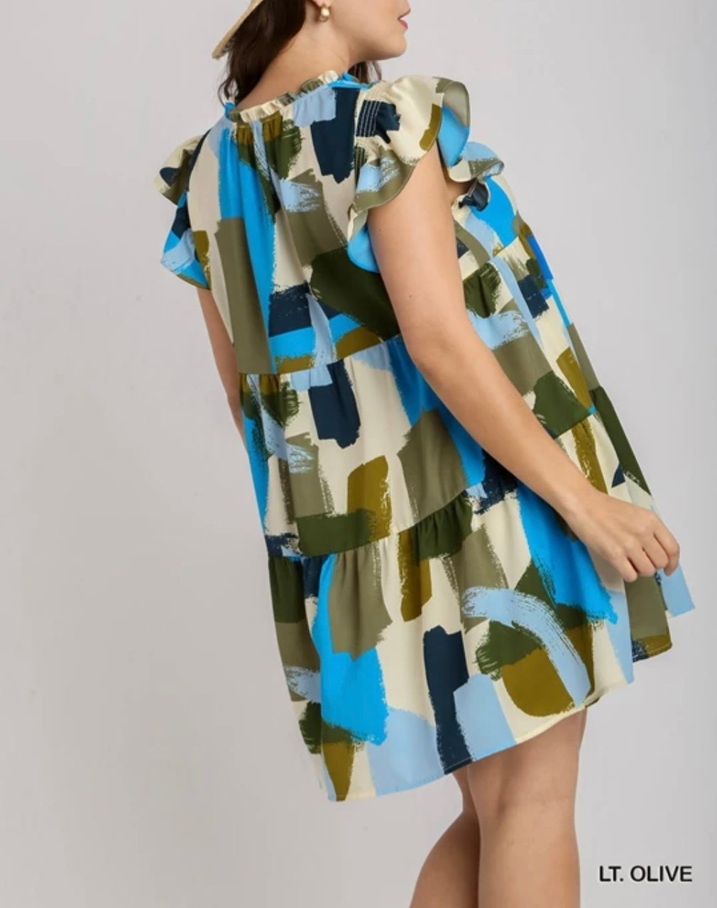Print smocked flutter sleeve dress