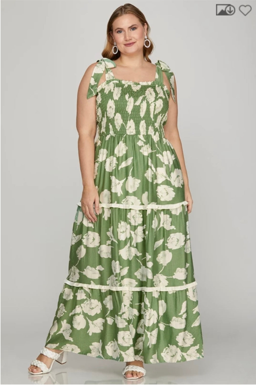 Plus woven print smocking Tiered maxi dress