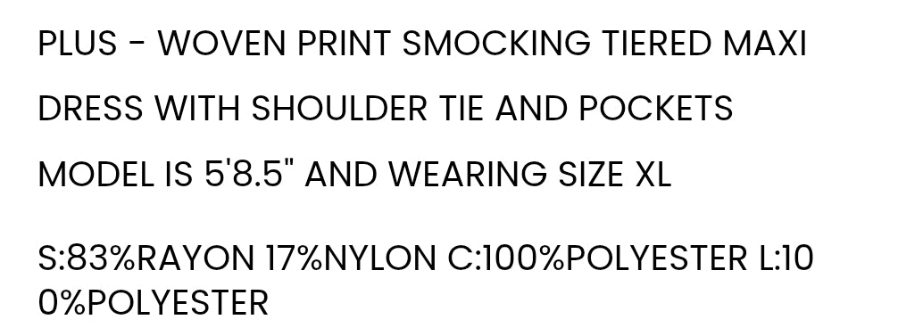 Plus woven print smocking Tiered maxi dress