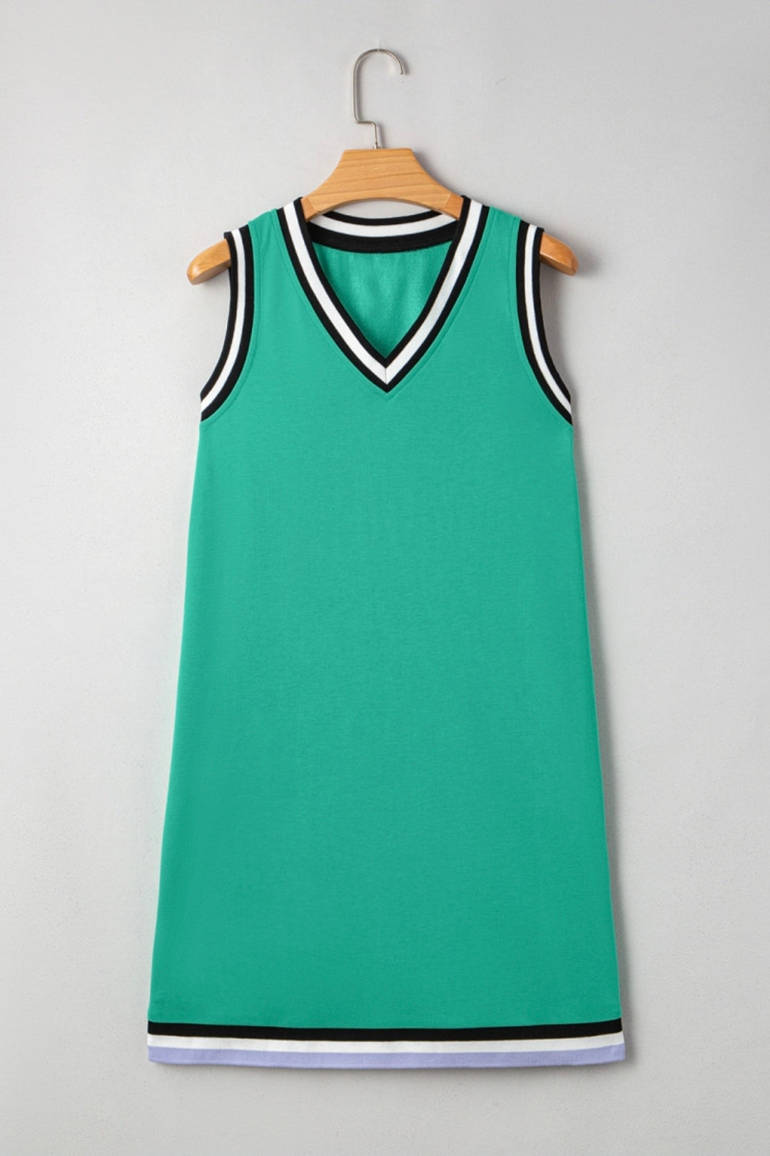 Mint green color contrast trim v neck mini dress