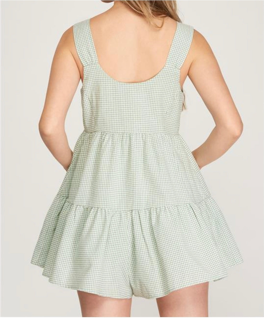 Sleeveless woven checkered romper