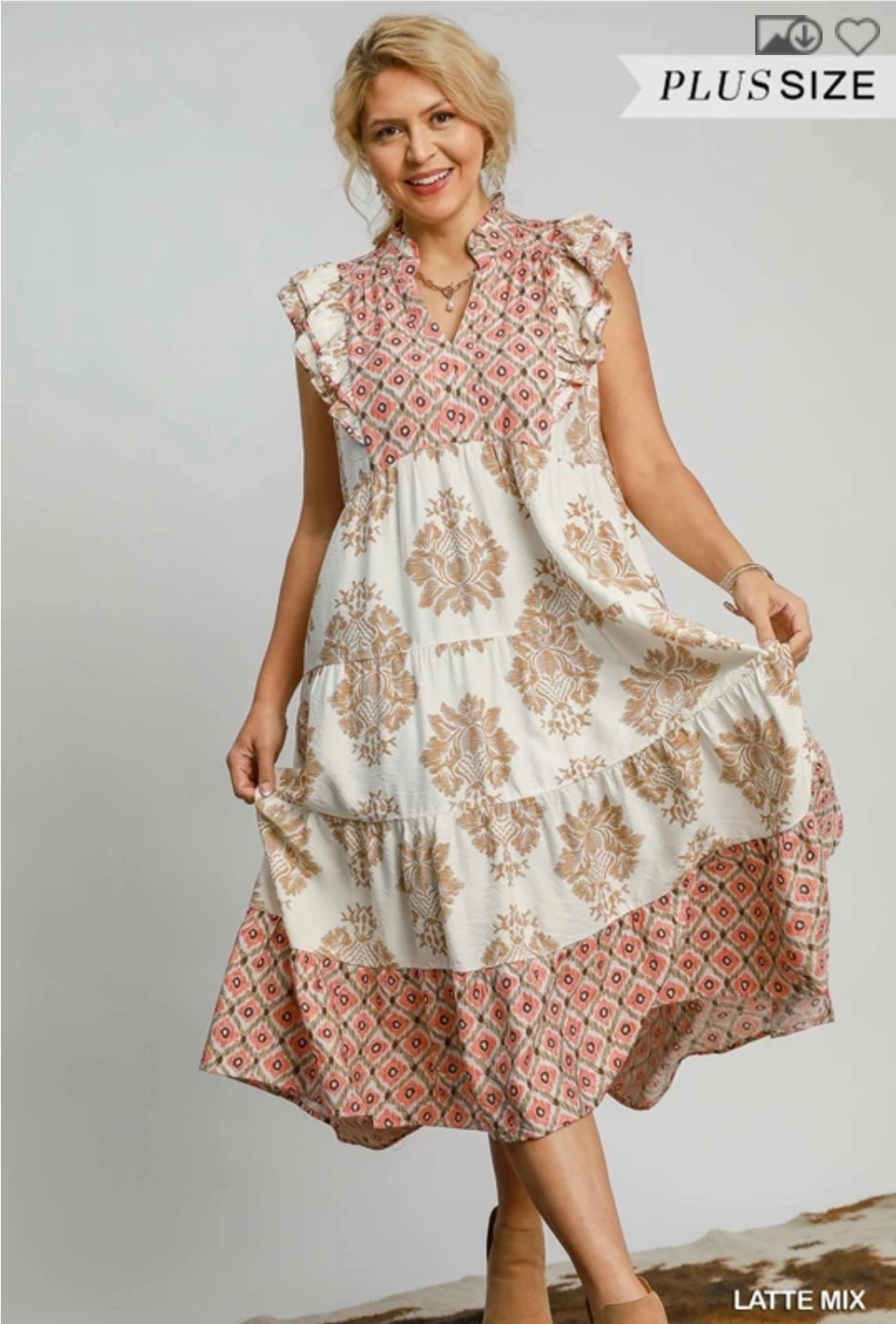 Ruffle sleeve mixed print midi dress