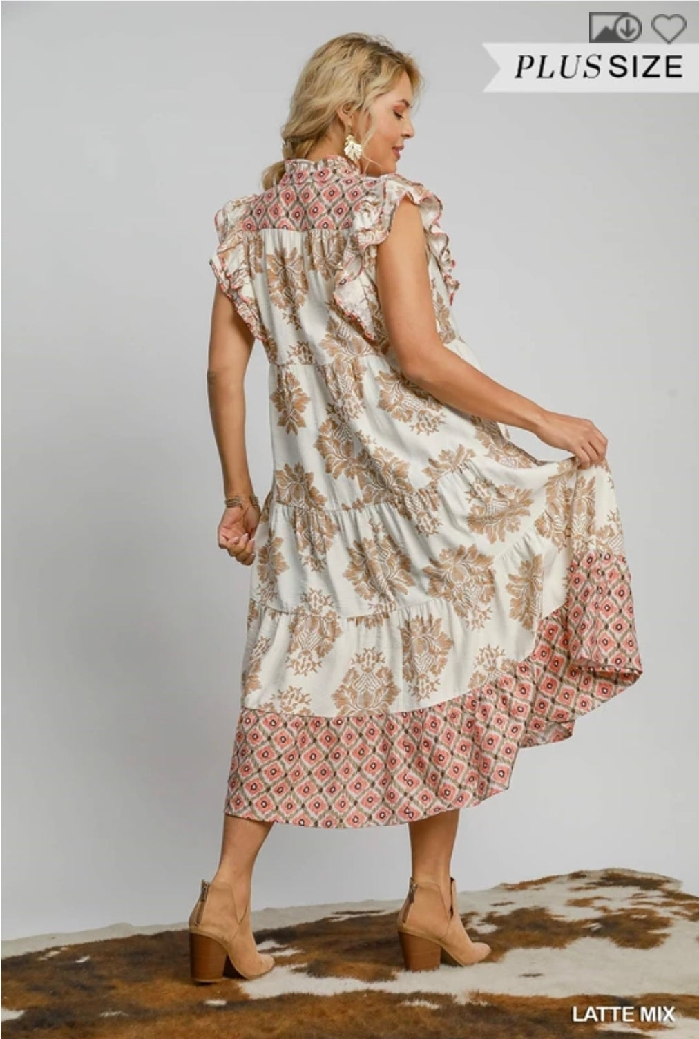 Ruffle sleeve mixed print midi dress