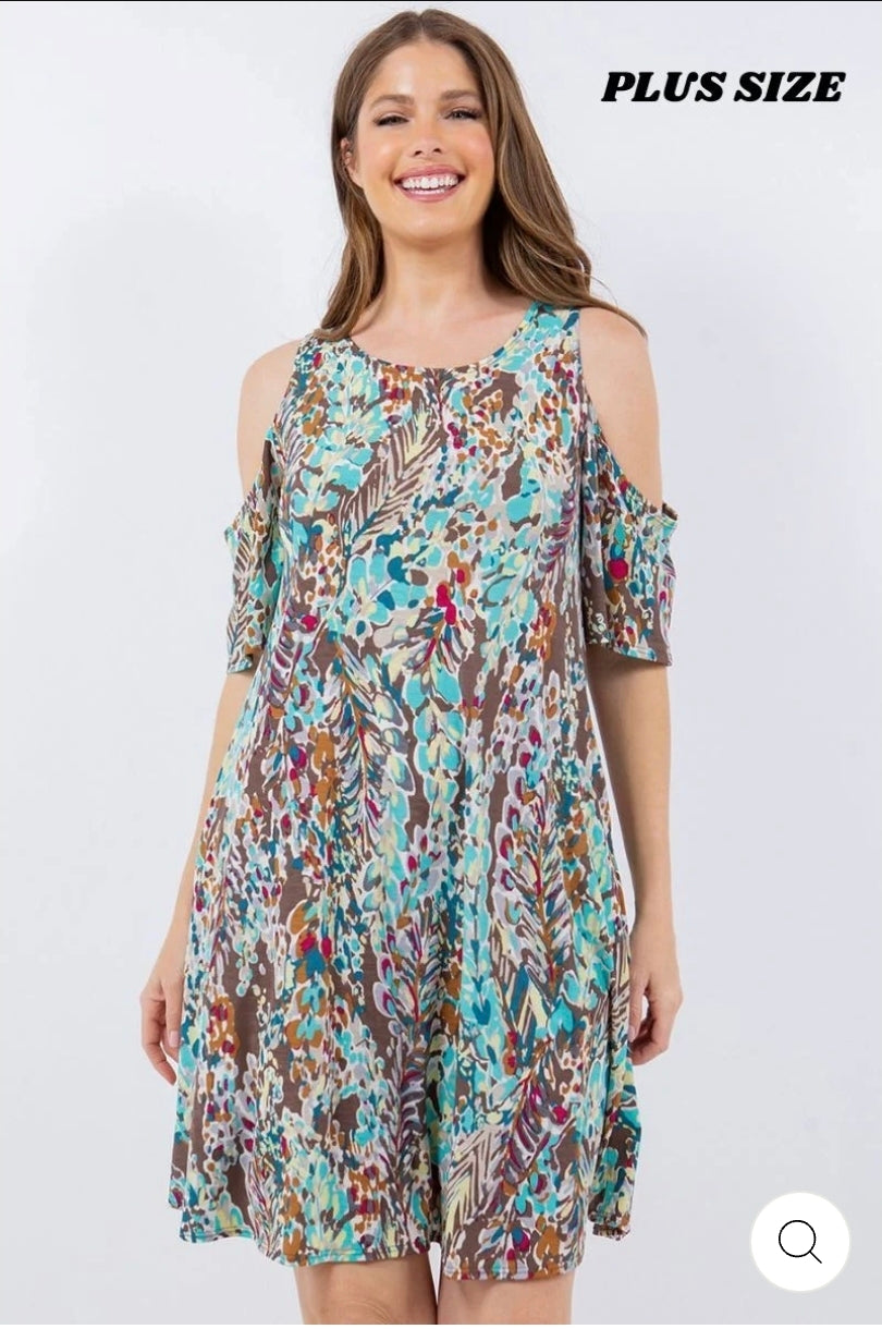 Teal floral cold shoulder w/side pockets plus size dress