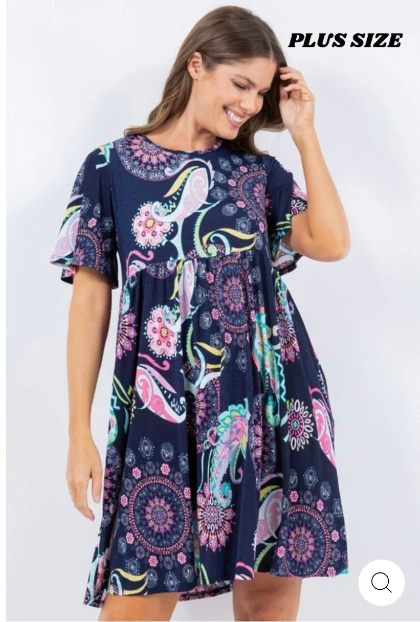 Navy/pink paisley print w pockets plus size dress