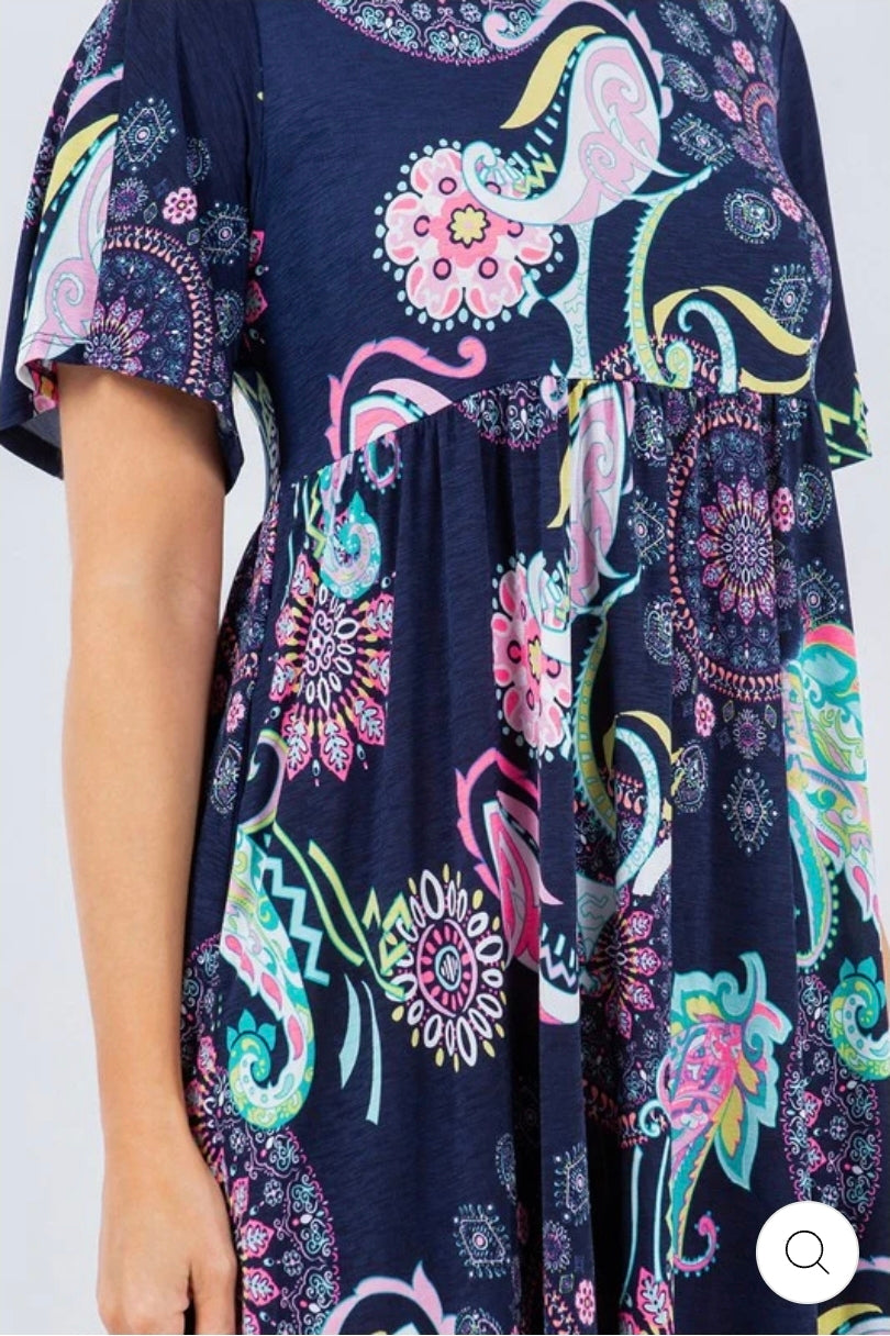 Navy/pink paisley print w pockets plus size dress