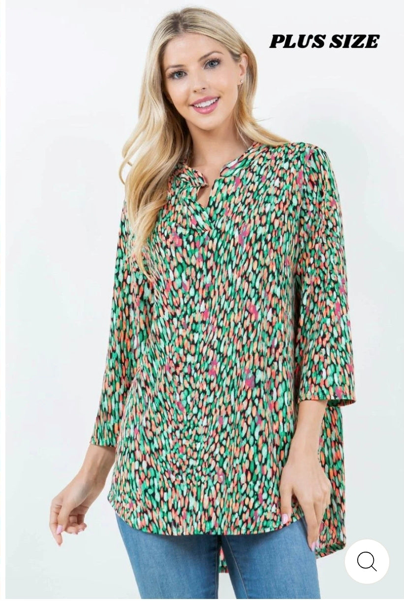 Green v neck 3/4 sleeves hi low tunic plus size top