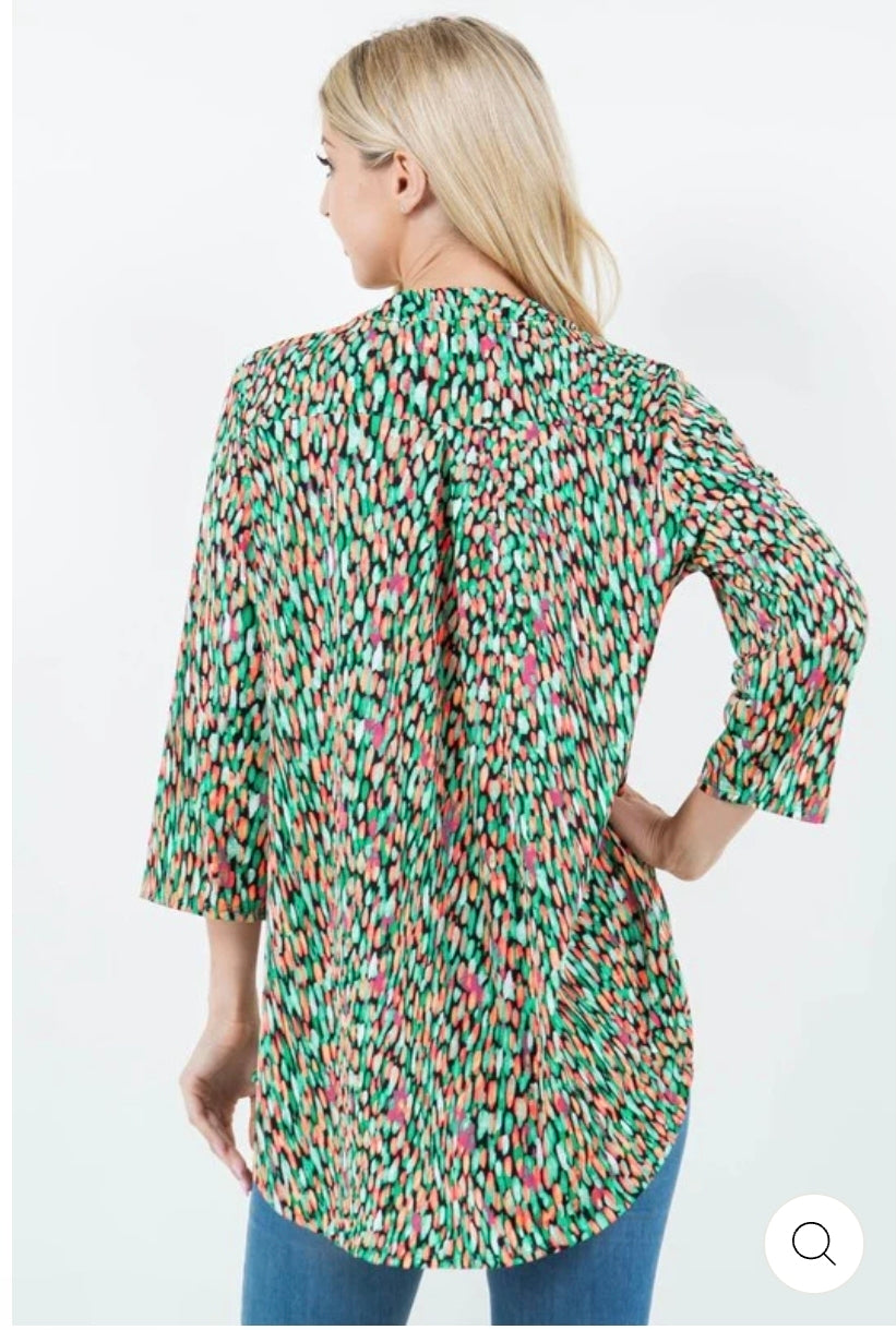 Green v neck 3/4 sleeves hi low tunic plus size top
