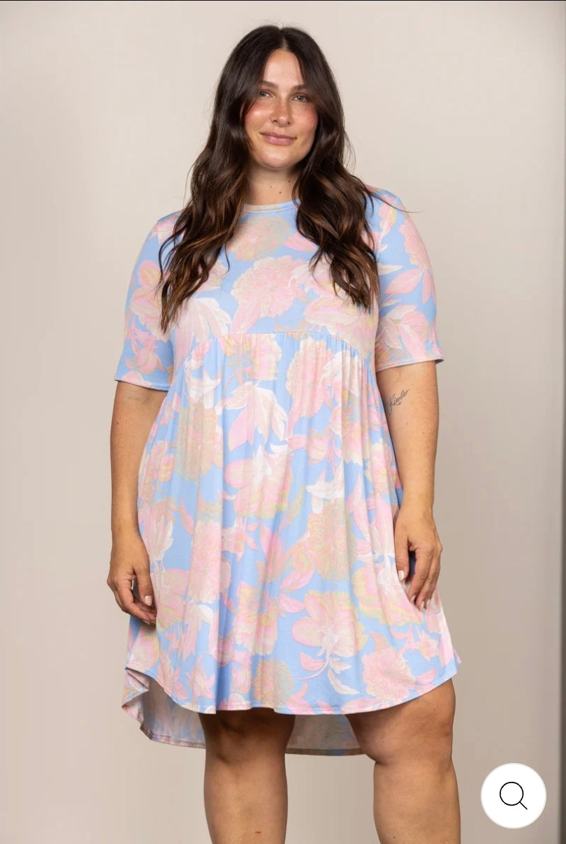 Pastel blue baby doll short sleeves plus size midi dress