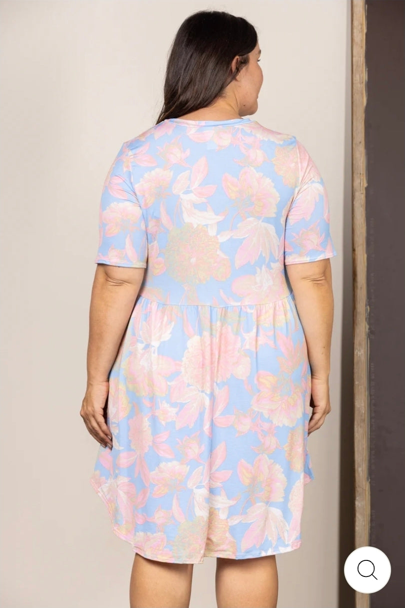 Pastel blue baby doll short sleeves plus size midi dress