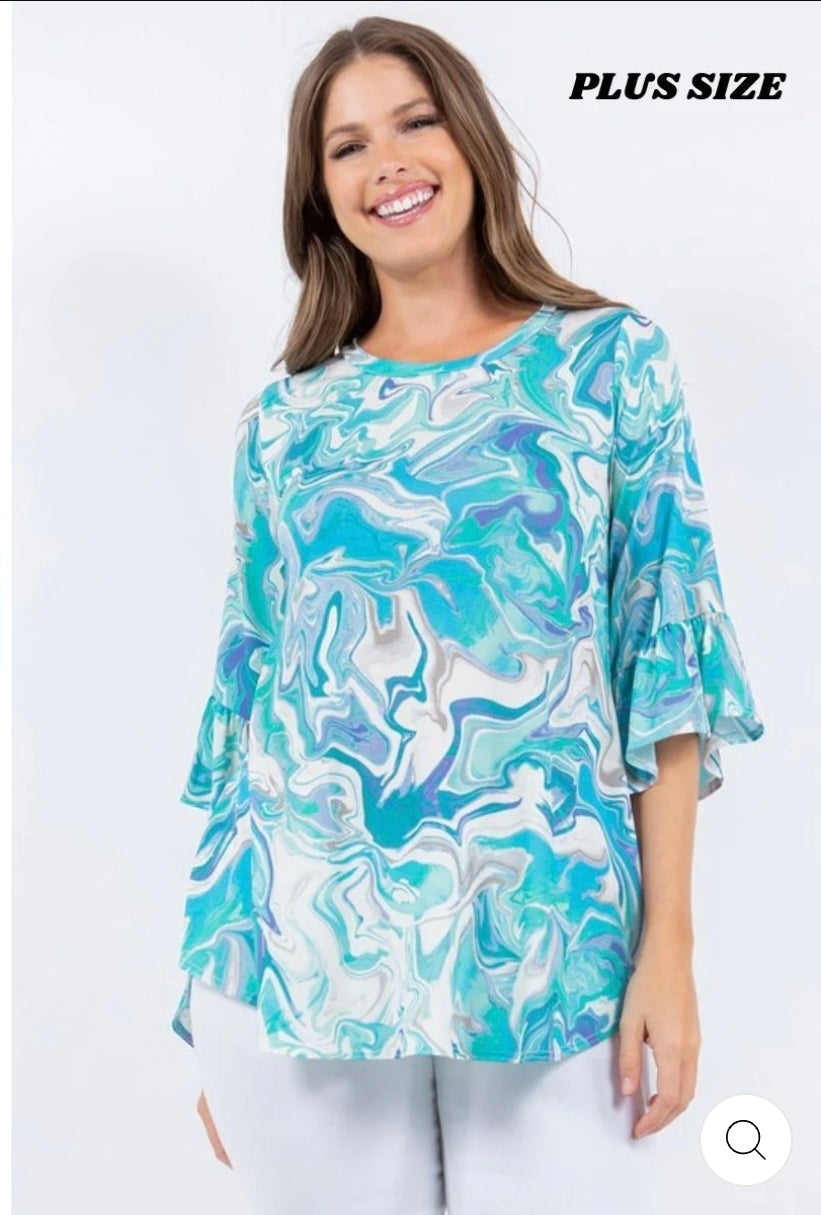 Blue marble ruffle sleeves plus size tunic top