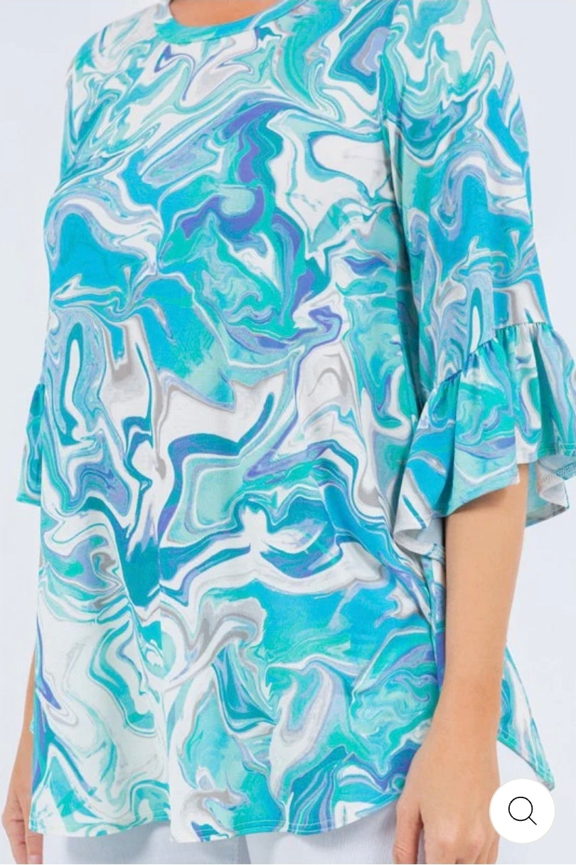 Blue marble ruffle sleeves plus size tunic top