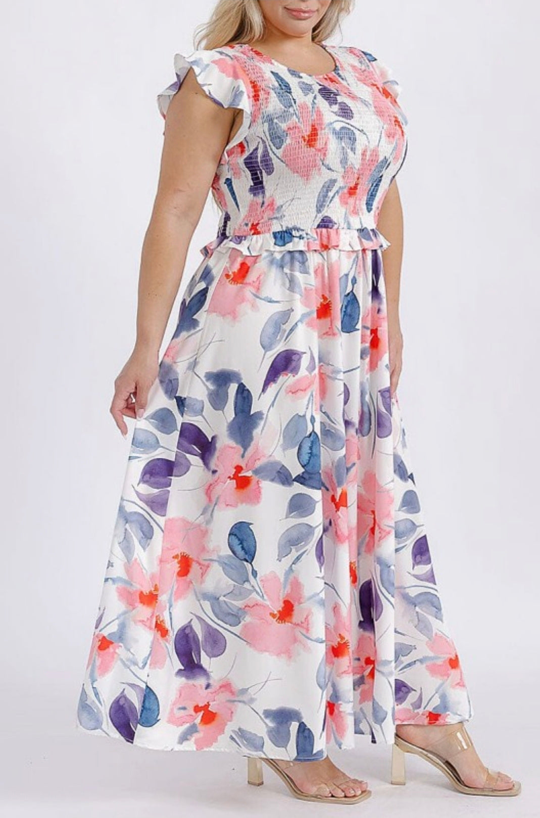 Short ruffle sleeve floral maxi dress plus