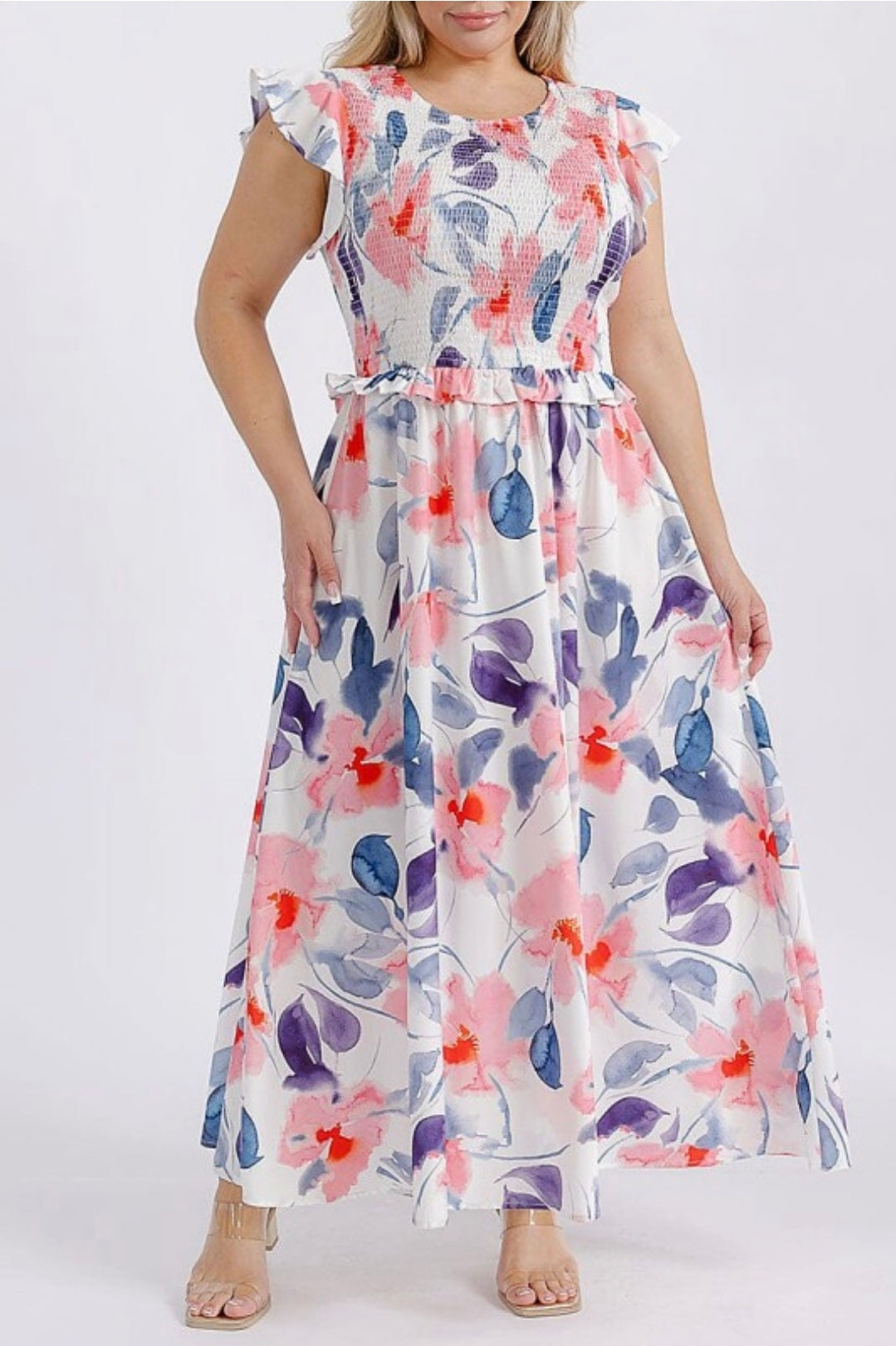 Short ruffle sleeve floral maxi dress plus
