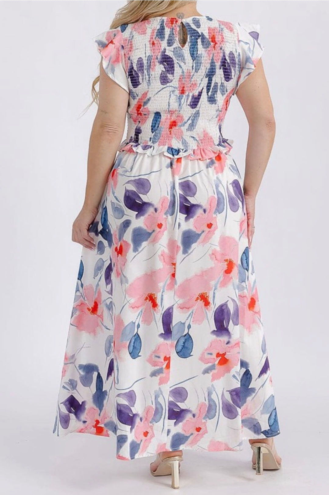 Short ruffle sleeve floral maxi dress plus