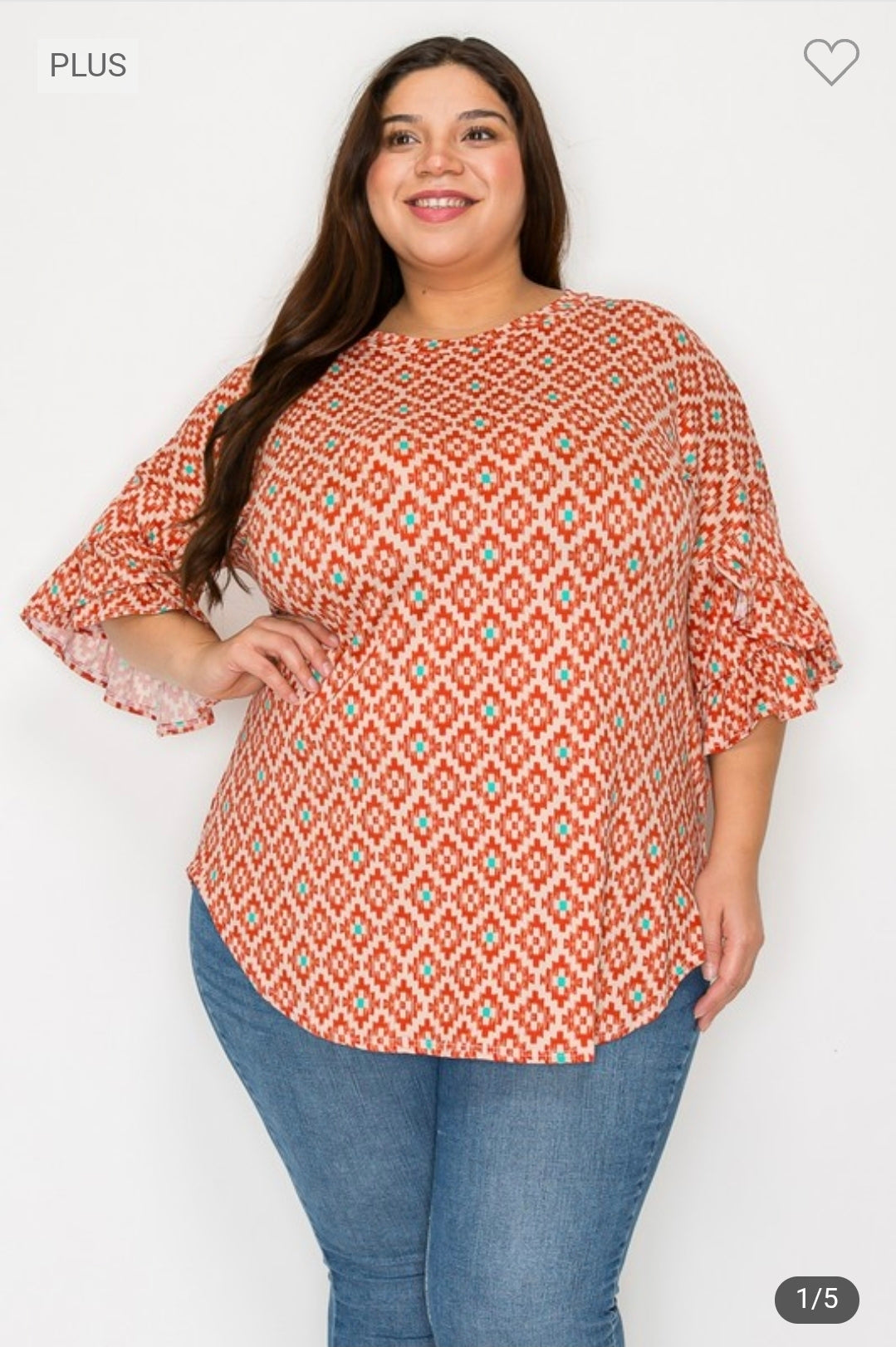 Extra plus print top with double ruffle sleeves