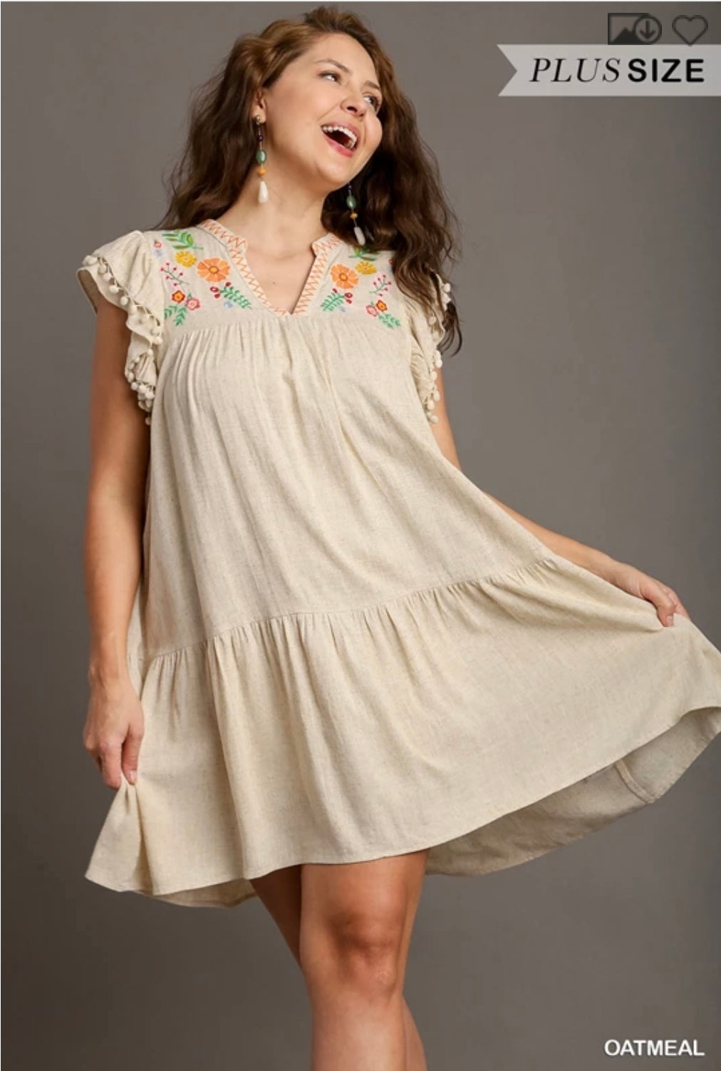 Linen A-line Embroidery short dress with ruffle sleeves