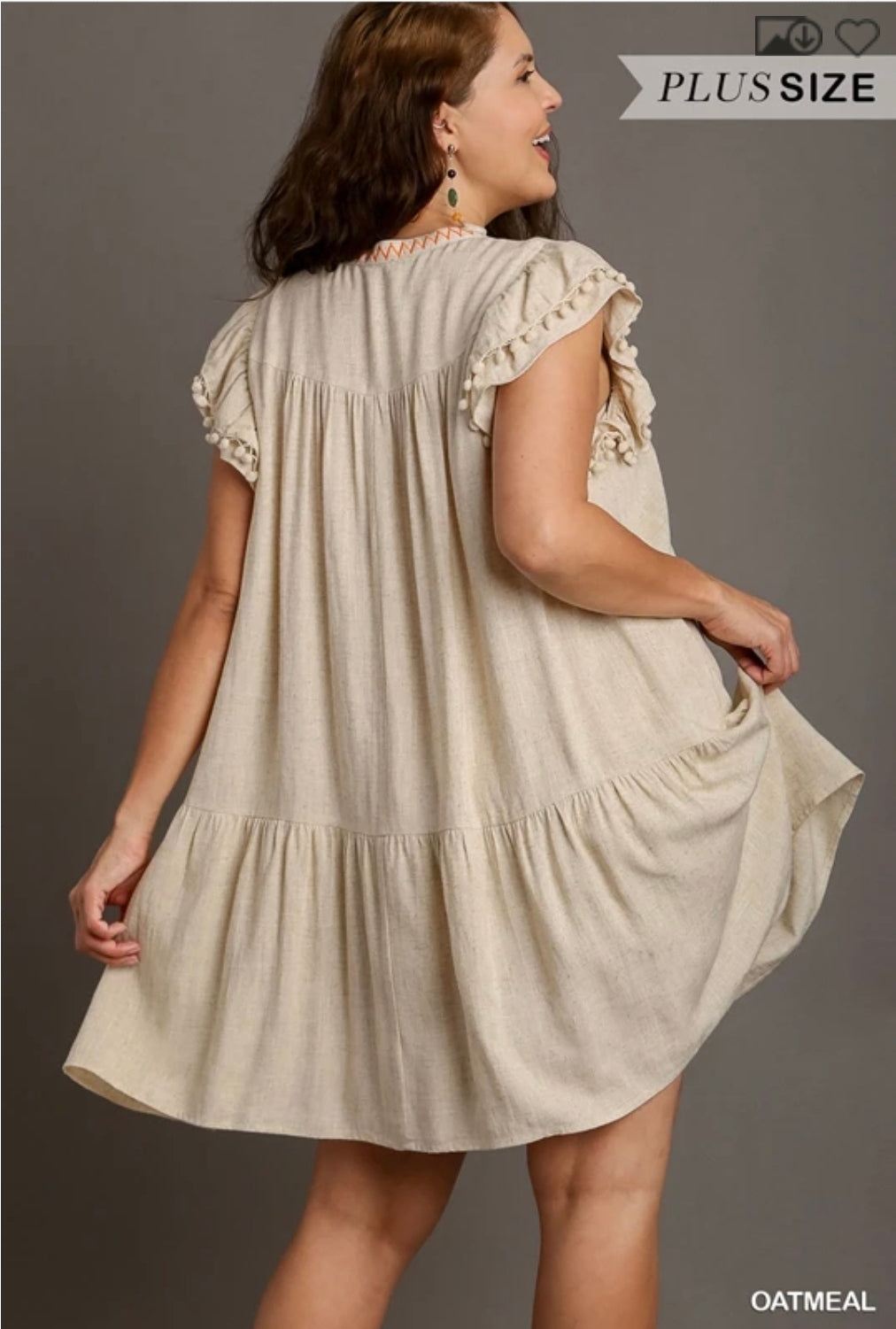 Linen A-line Embroidery short dress with ruffle sleeves