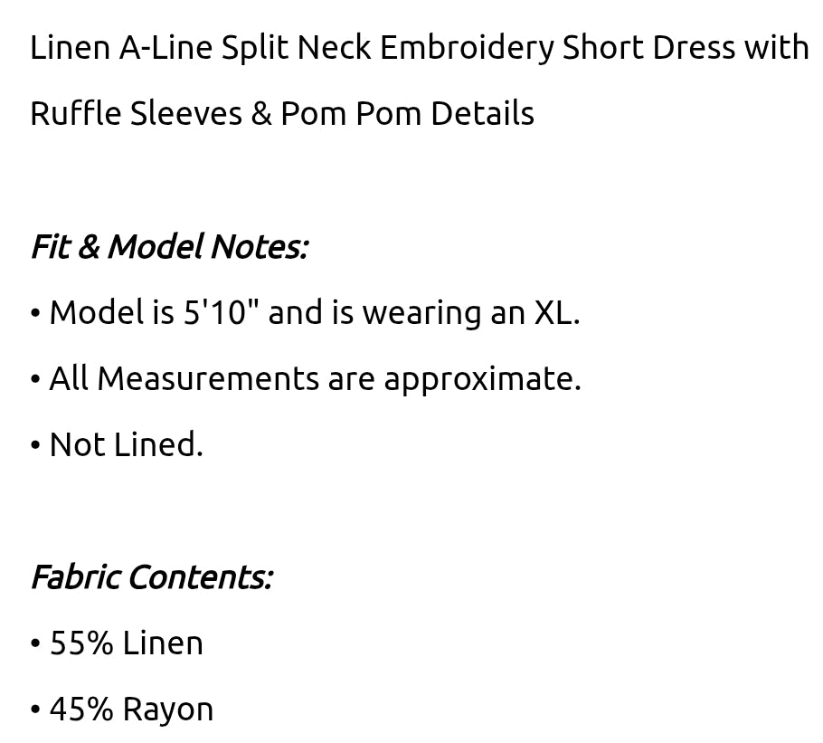 Linen A-line Embroidery short dress with ruffle sleeves