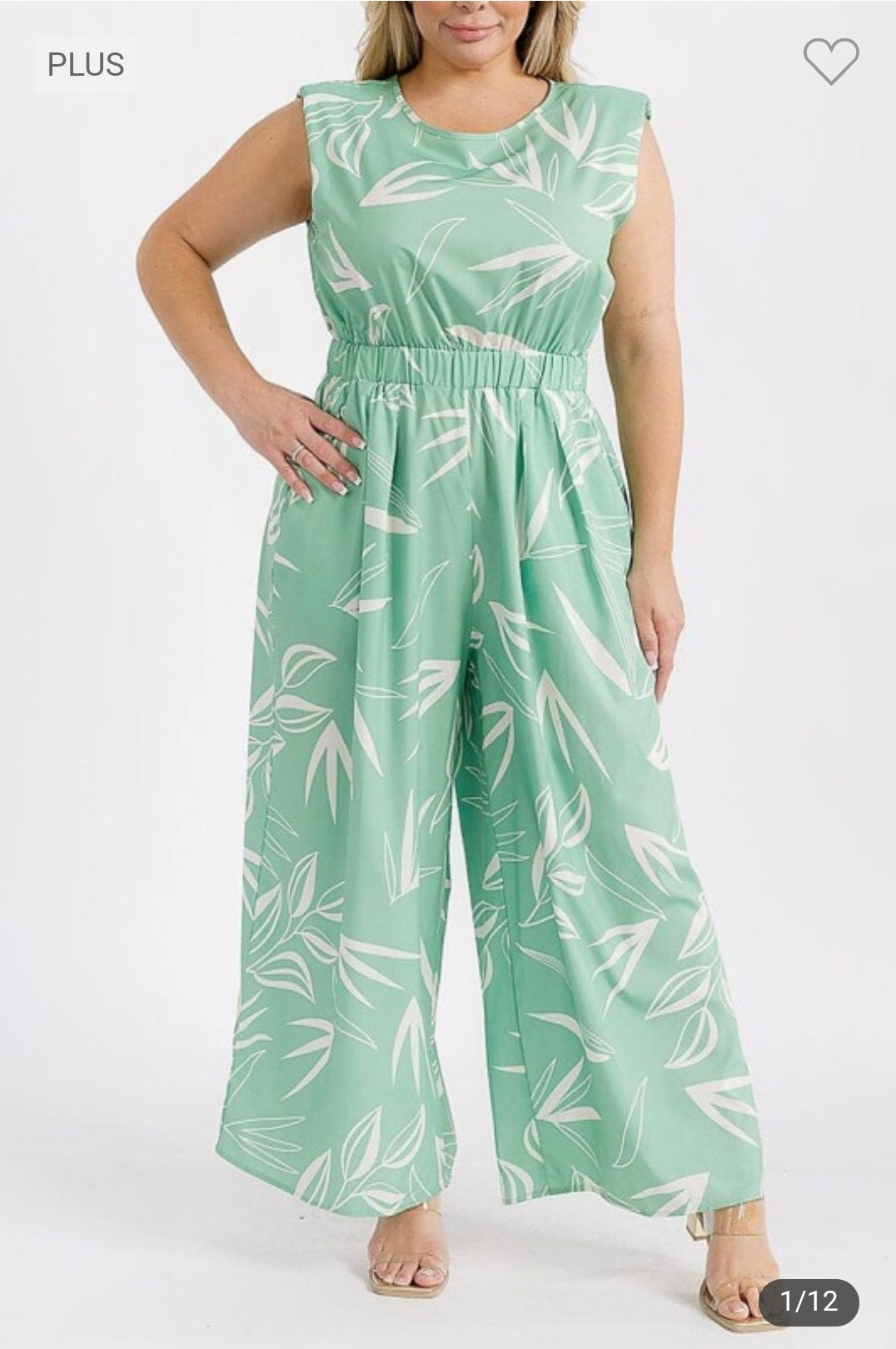 Elastic waist front pocket leaf wide leg jumpsuit