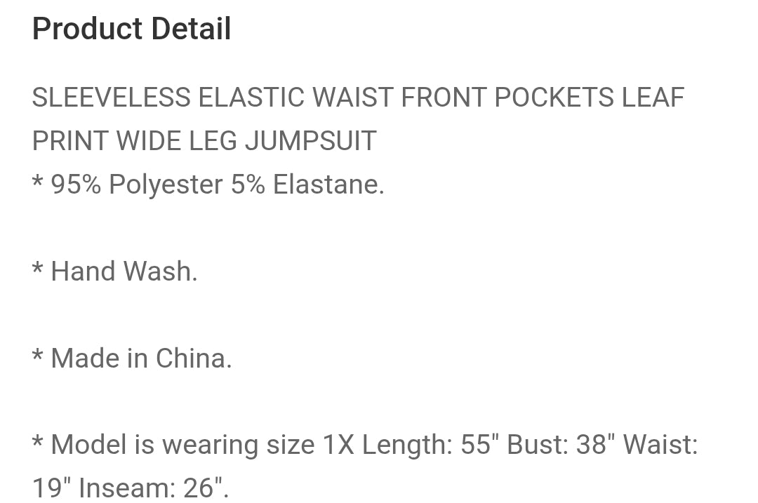 Elastic waist front pocket leaf wide leg jumpsuit
