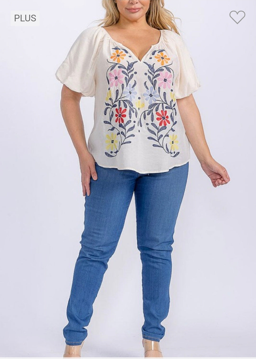 Puff sleeve v neck high low embroidery blouse