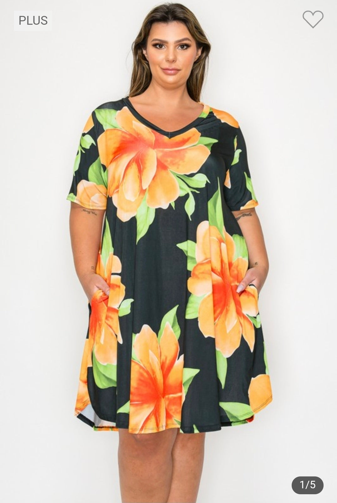 Plus size vneck print dress with pockets