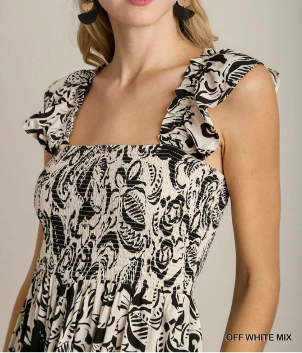 Two tone floral print dress with ruffle trim