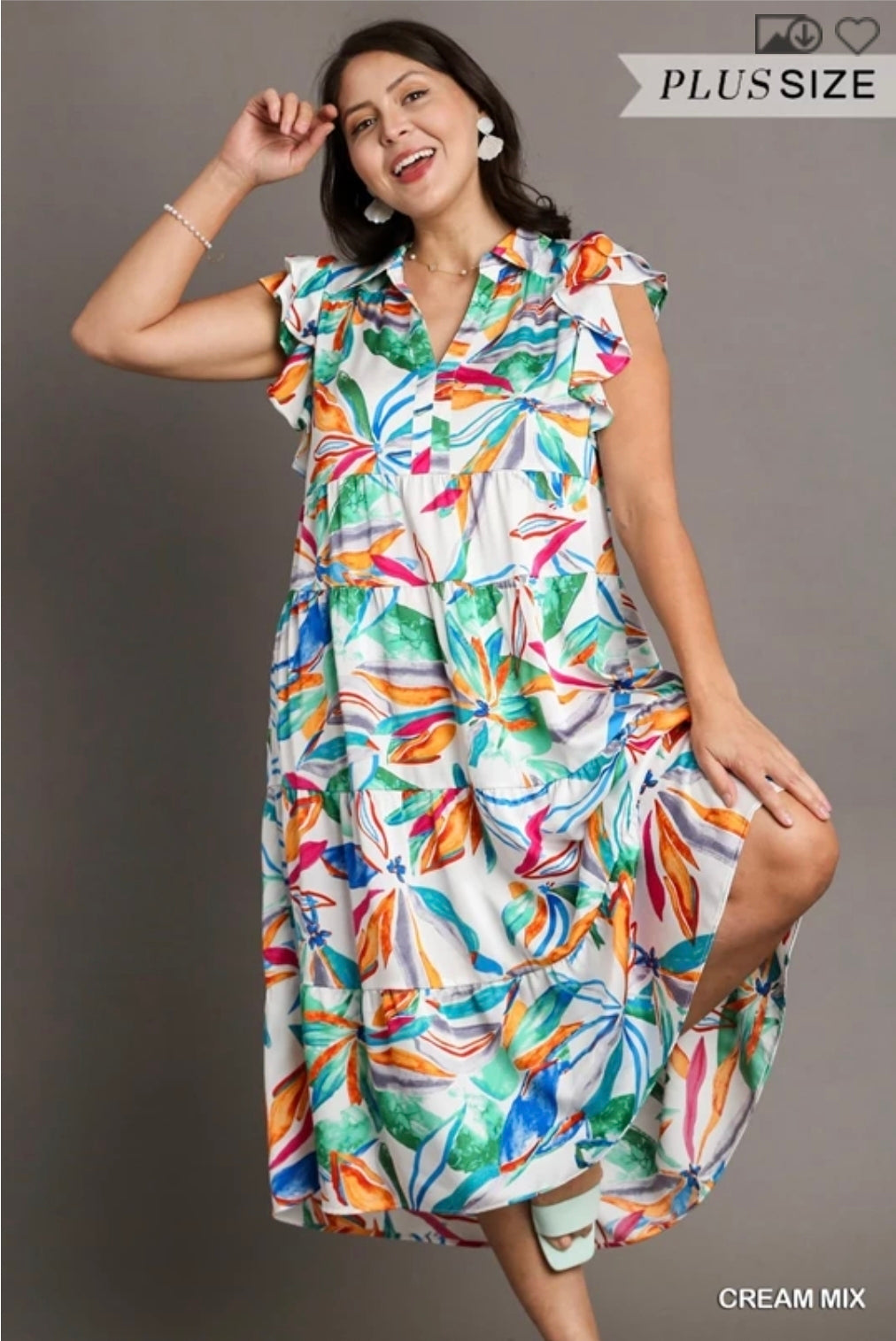 Leaf print Tiered midi dress