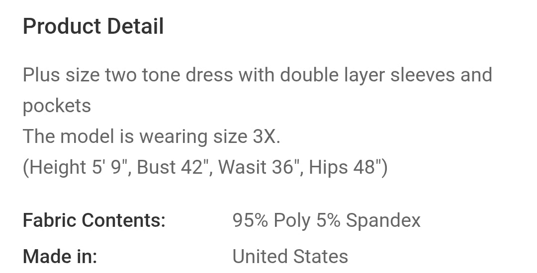 Plus size two tone dress with double layer sleeve