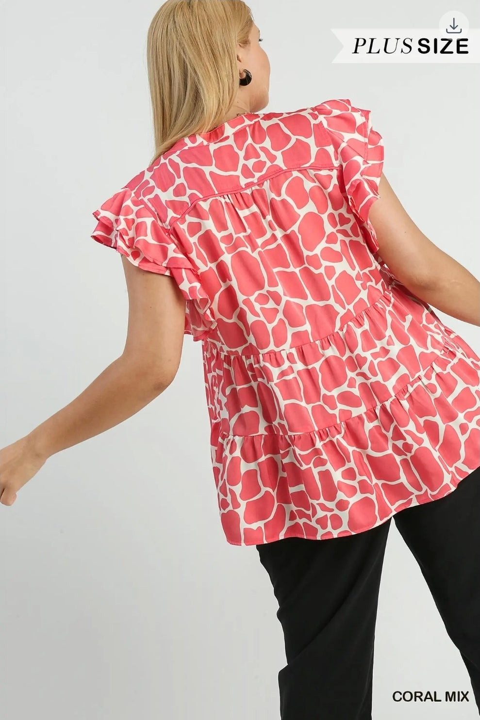 Two tone animal print ruffle sleeve top