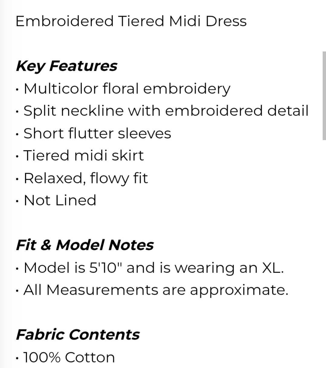 Embroidered Tiered midi dress