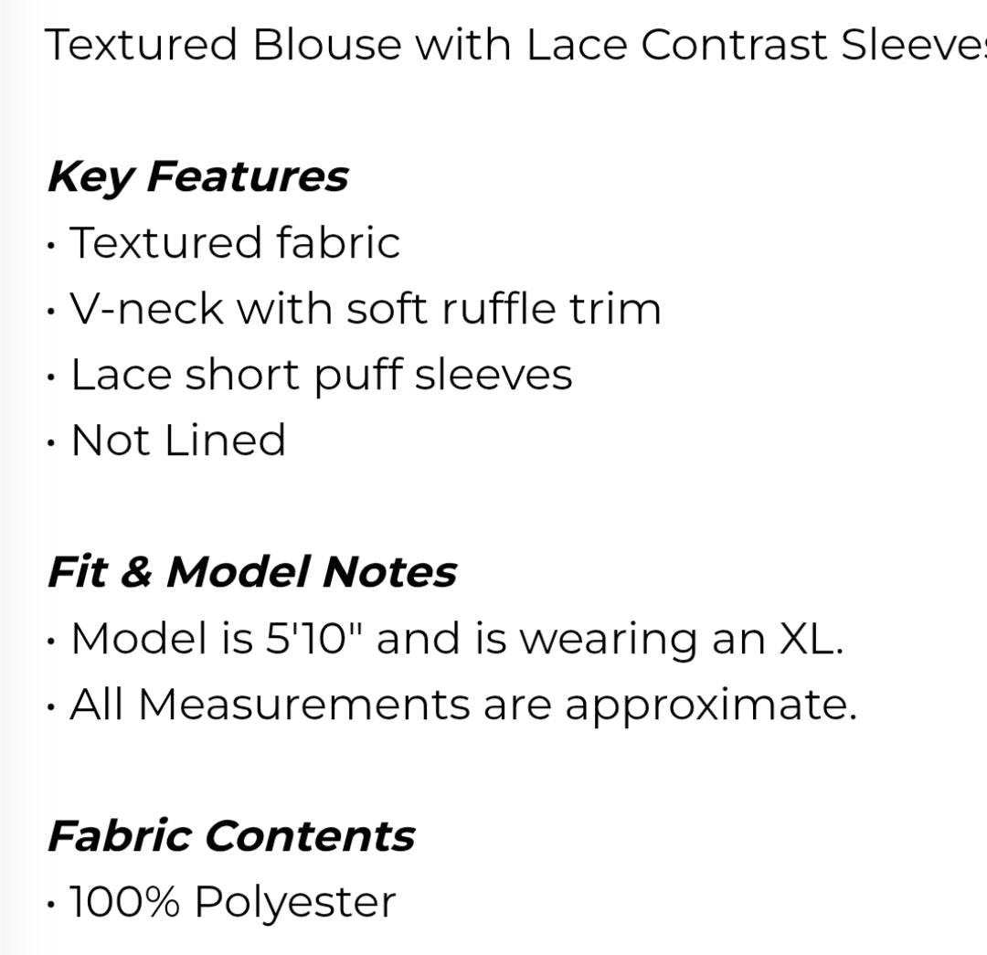 Textured blouse with lace contrast sleeve